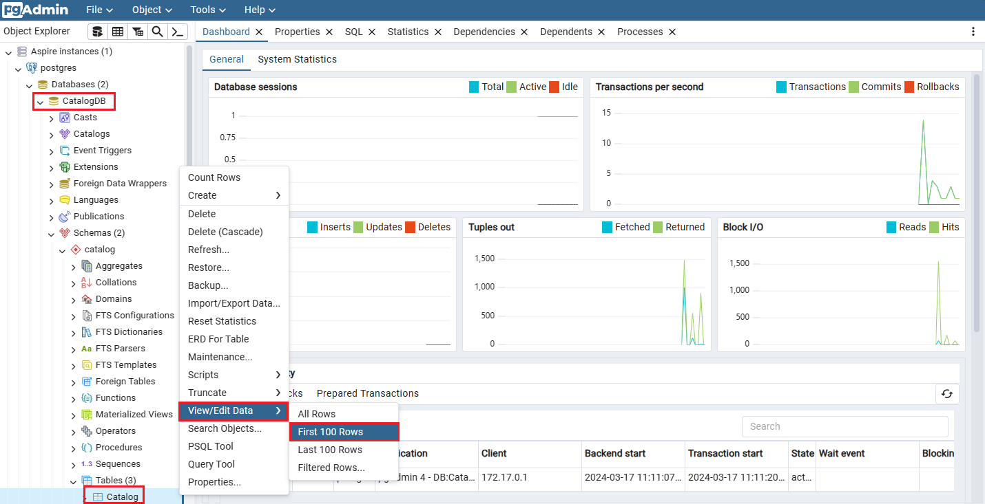 Screenshot der pgAdmin-Schnittstelle, in der die Navigation zur Katalogtabelle hervorgehoben wird