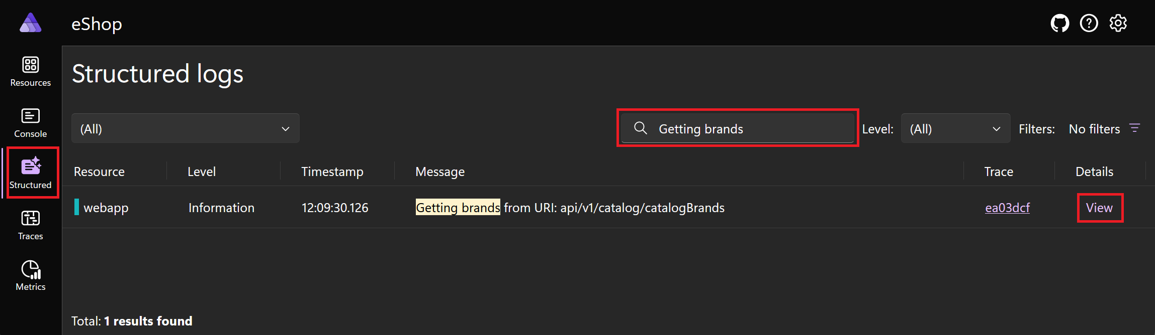 Screenshot mit gefilterten Ereignissen im .NET Aspire-Dashboard.