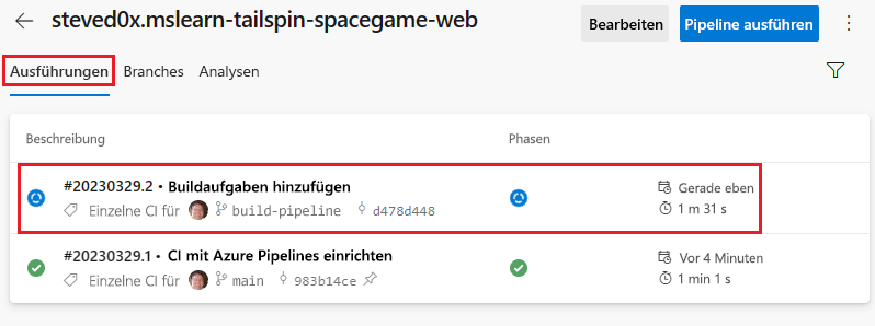 Screenshot of Azure Pipelines showing the run history, including the branch you recently pushed to GitHub.