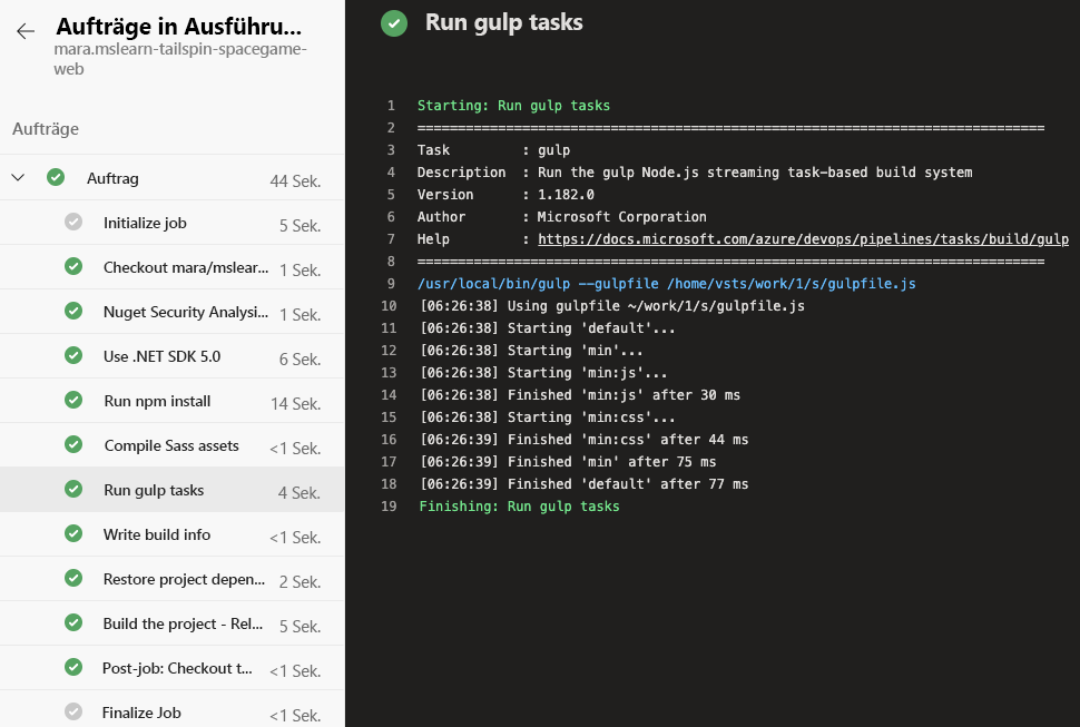 Screenshot of Azure Pipelines showing the complete list of build tasks. The Run gulp task is selected.