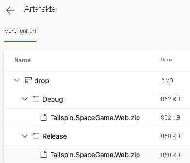 Screenshot of Azure Pipelines showing the packaged application for both Debug and Release configurations.