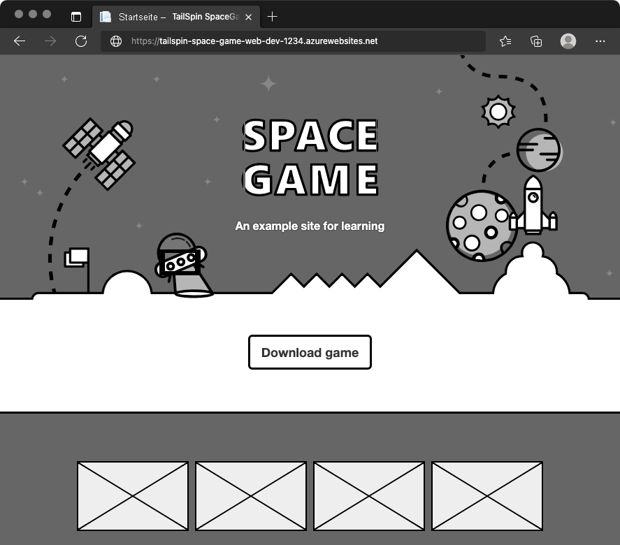 Screenshot: Webbrowser mit Anzeige der Space Game-Website in der Entwicklungsumgebung (dev).