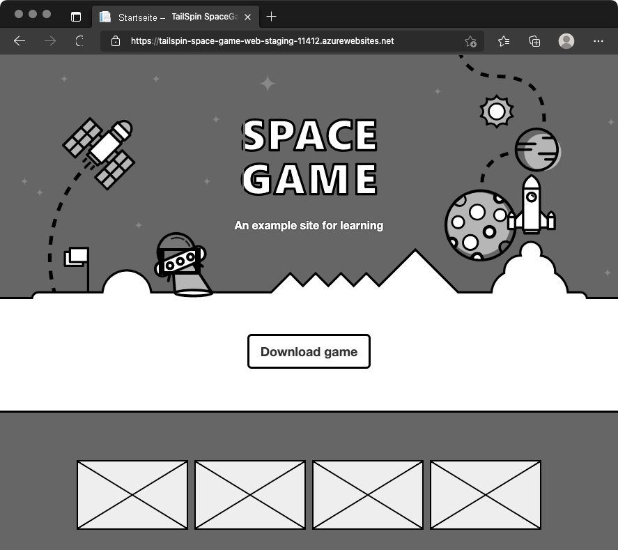Screenshot: Webbrowser mit Anzeige der Space Game-Website in der Stagingumgebung.