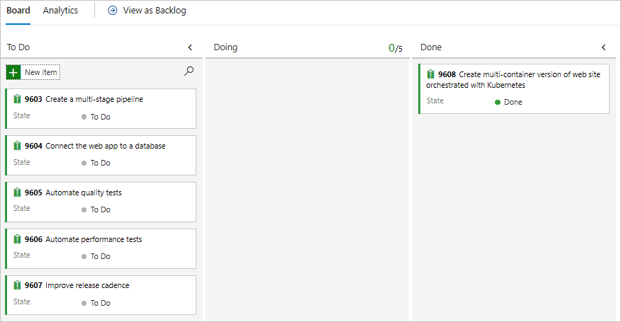 Screenshot of Azure Boards, showing the card in the Done column.