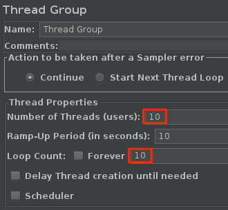 Screenshot of specifying the thread group in Apache JMeter.
