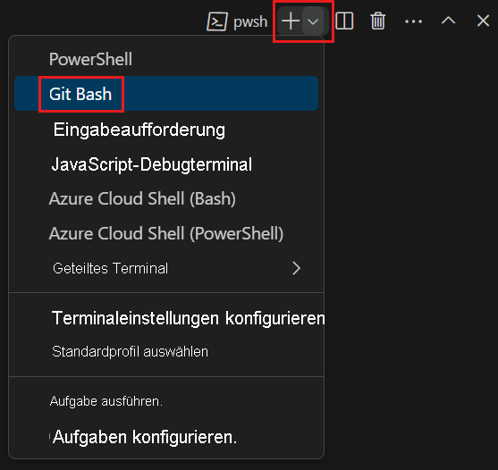 A screenshot of Visual Studio Code showing the location of the Git Bash shell.