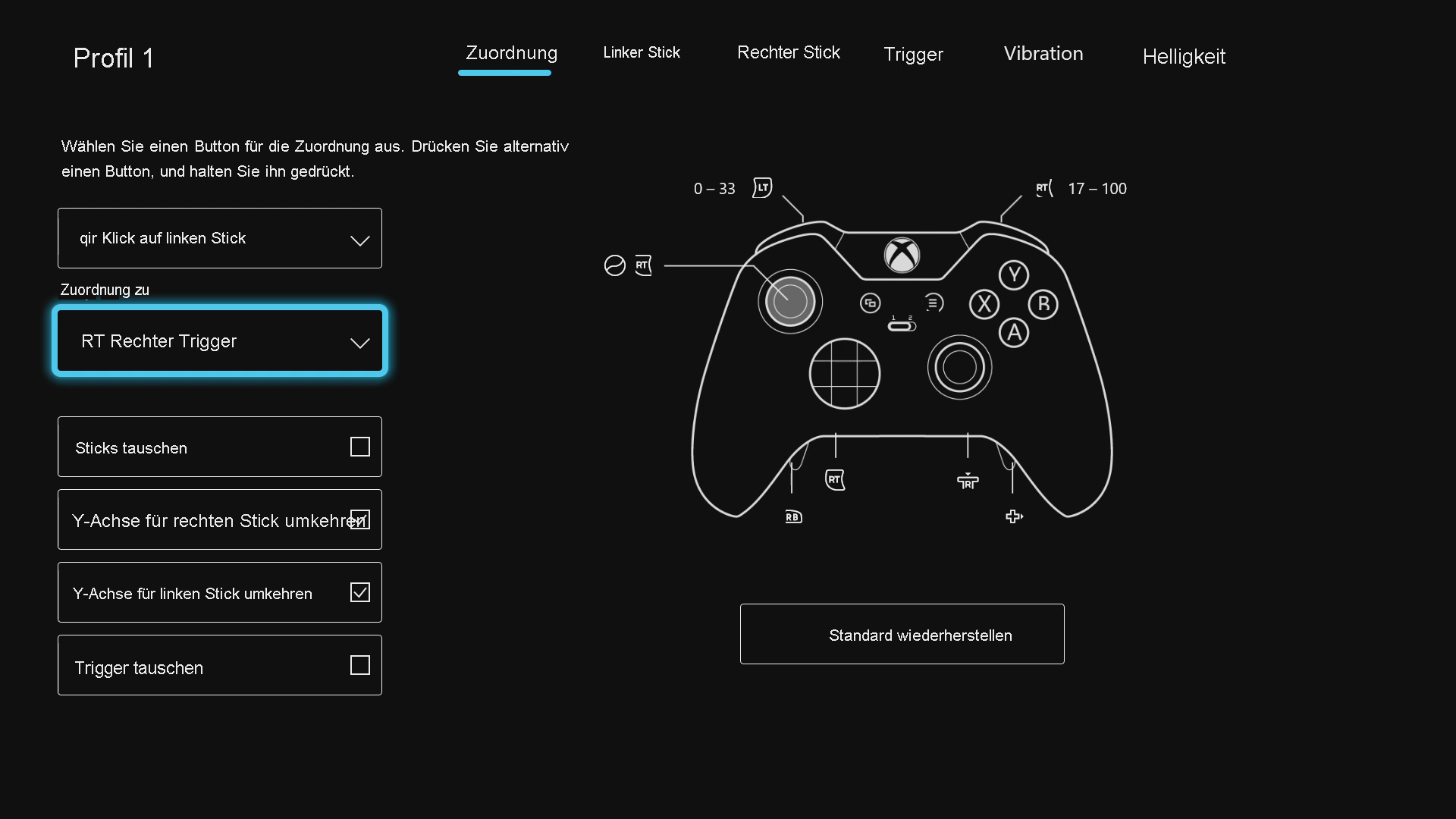 Screenshot: Konfigurationsbildschirm für den Xbox Elite Controller. Das Feld „Zuordnen zu“ ist hervorgehoben, und der rechte Trigger ist ausgewählt.