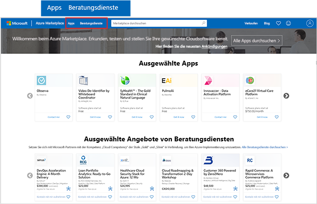 Screenshot of the Azure Marketplace homepage with emphasis on apps and consulting services buttons.