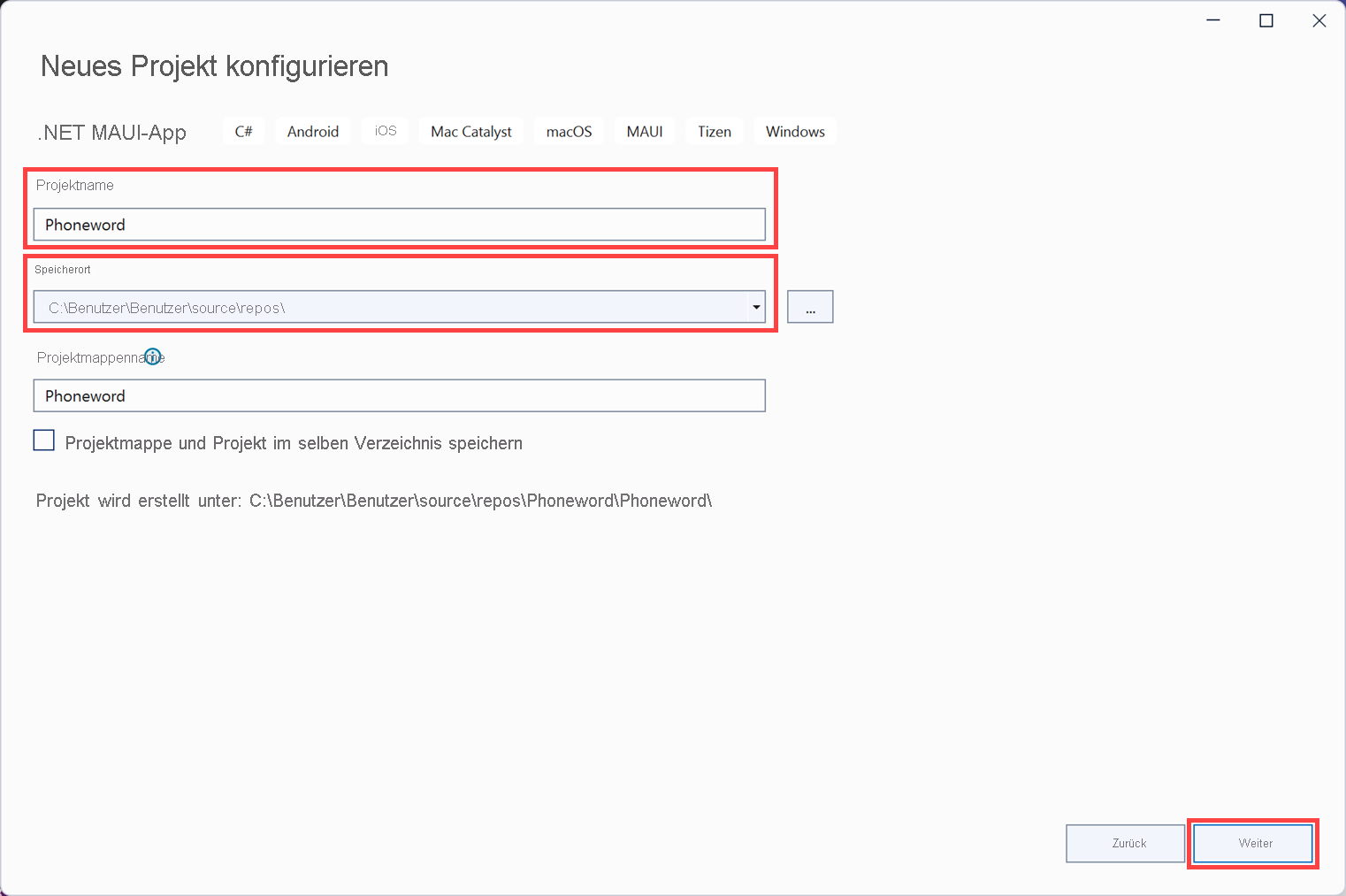 A screenshot of the Configure your new project dialog box. The user has named the project Phoneword and selected a location on their hard drive to store it.