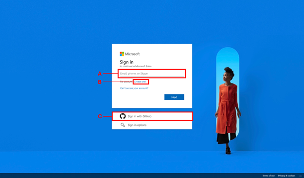 Screenshot der Anmeldung, um mit Microsoft Entra fortzufahren, drei Rechtecken und Linien, die von jedem Rechteck zu den Bezeichnungen A, B und C führen, markieren die Optionen.