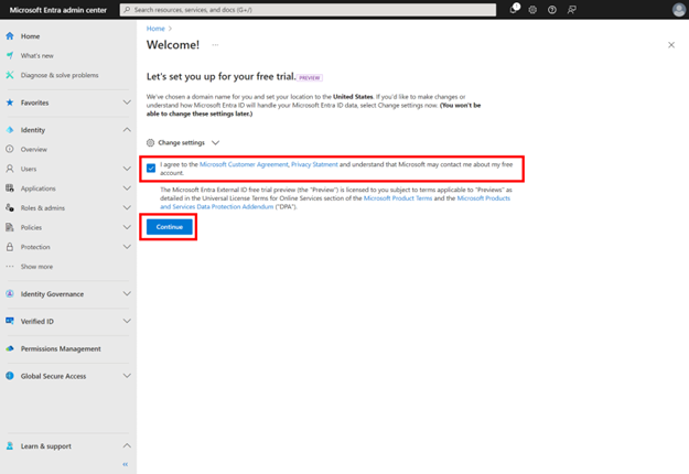 Screenshot mit rot hervorgehobenem aktiviertem Kontrollkästchen für die Zustimmung zur Microsoft-Kundenvereinbarung und den Datenschutzbestimmungen und der Schaltfläche „Weiter“.
