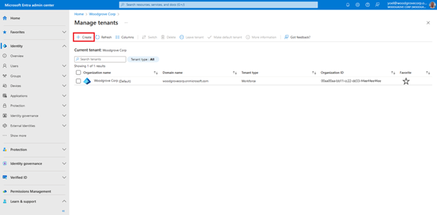 Screenshot: Seite „Mandanten verwalten“. Die Symbolleistenschaltfläche „Erstellen“ ist hervorgehoben.