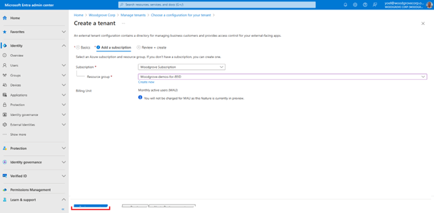 Screenshot: Navigation im Assistenten zum Erstellen von Mandanten mit ausgewähltem zweitem Schritt „Abonnement hinzufügen“. Das Abonnement und die Ressourcengruppe sind ausgefüllt.