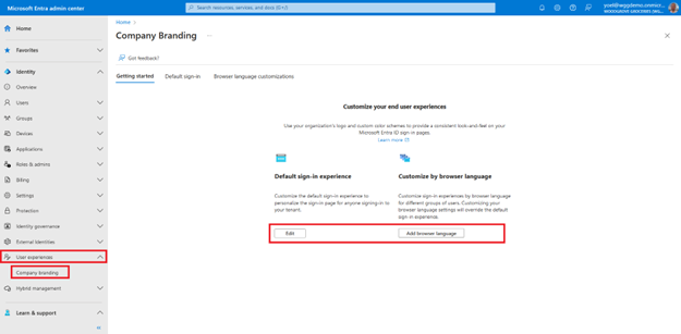 Screenshot: Linker Navigationsbereich im Microsoft Entra Admin Center mit Hervorhebung von „Benutzererfahrungen“ und „Unternehmensbranding“ sowie mit dem Blatt „Unternehmensbranding“, auf dem zwei Schaltflächen hervorgehoben sind:
