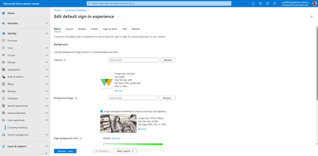 Screenshot: Assistentennavigation des Blatts „Standardanmeldeerfahrung bearbeiten“ mit ausgewählter erster Registerkarte „Allgemeine Informationen“. Einstellungen zum Konfigurieren von Favicon, Hintergrundbild und Seitenhintergrundfarbe werden angezeigt.