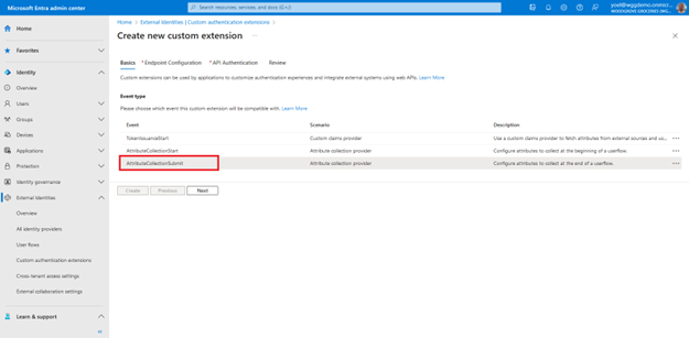 Screenshot: Registerkarte „Allgemeine Informationen“ des Blatts „Neue benutzerdefinierte Erweiterung erstellen“ mit hervorgehobenem Ereignistyp „AttributeCollectionSubmit“