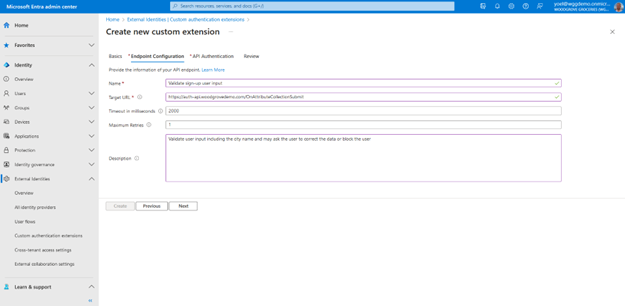Screenshot: Registerkarte „Endpunktkonfiguration“ des Blatts „Neue benutzerdefinierte Erweiterung erstellen“ mit den Feldern „Name“, „Ziel-URL“, „Timeout in Millisekunden“, „Maximale Anzahl von Wiederholungen“ und „Beschreibung“.