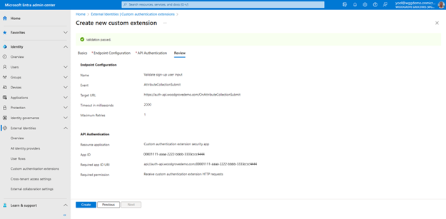 Screenshot: Registerkarte „Überprüfen“ des Blatts „Neue benutzerdefinierte Erweiterung erstellen“ mit Endpunktkonfiguration und API-Authentifizierungskonfigurationen