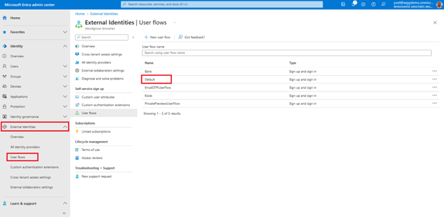Screenshot: Blatt „External Identities | Benutzerflows“ mit hervorgehobenem Benutzerflow „Standard“ in der Liste der Benutzerflows
