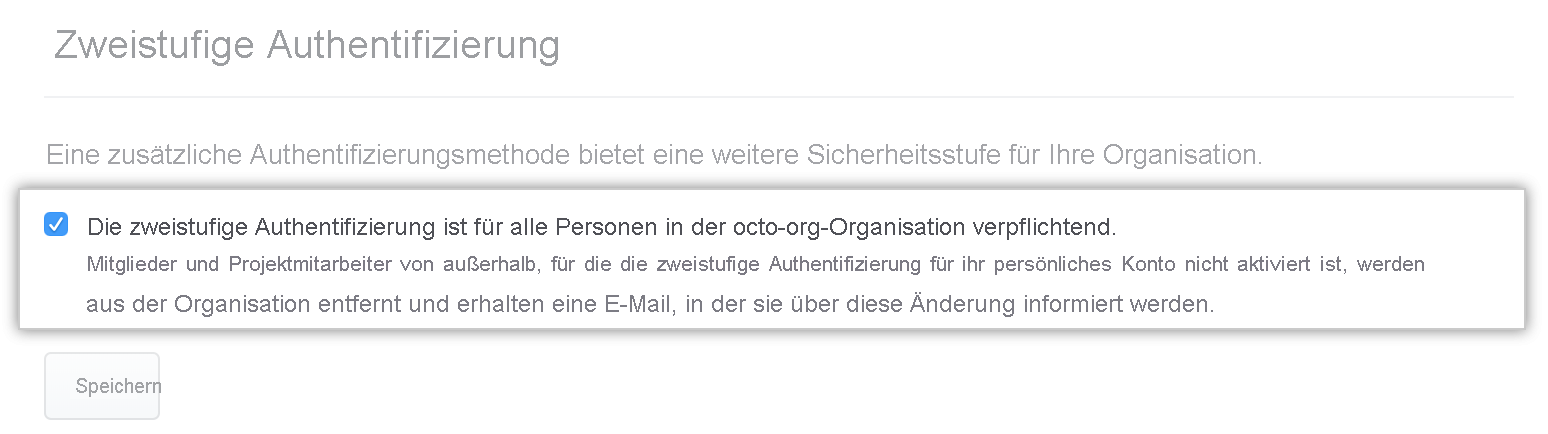 Screenshot des Kontrollkästchens, das zweistufige Authentifizierung für Mitglieder in der Organisation verlangt.