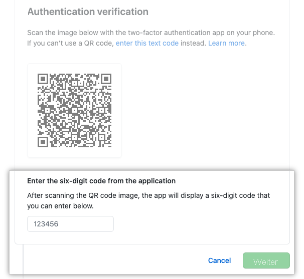Screenshot: Zeitbasierter Einmalkennwortcode.