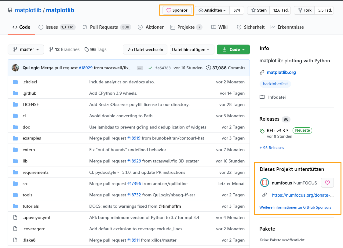 Screenshot showing the sponsoring box on a GitHub project page.