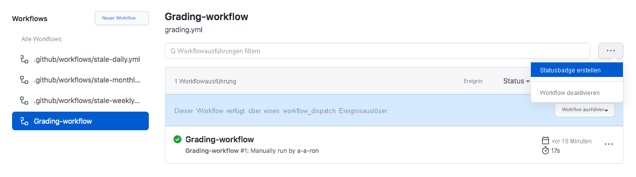 Screenshot that shows the option to create a status badge from the workflows section on GitHub.