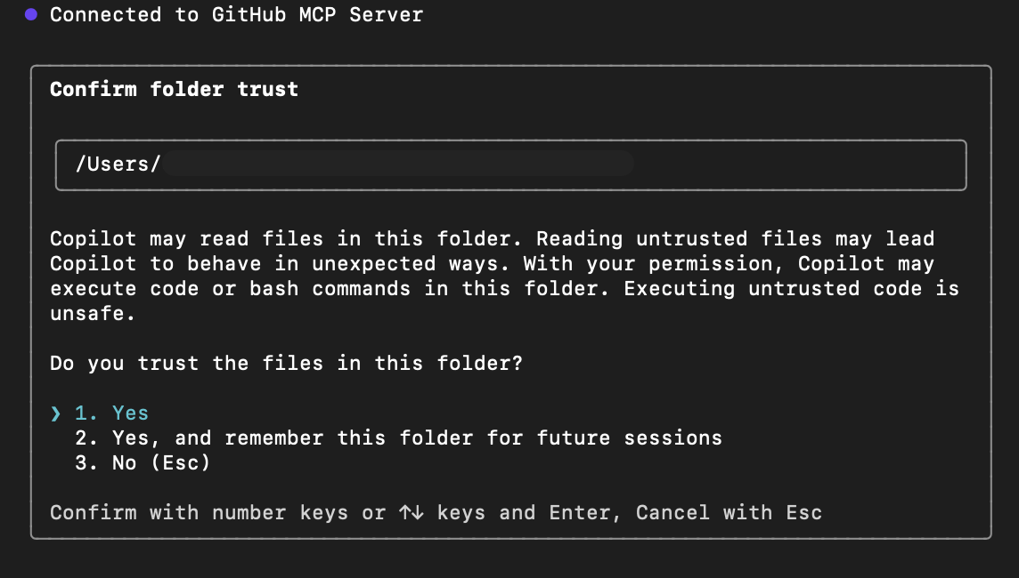 Screenshot von Copilot interaktiv Verzeichnis angeben.