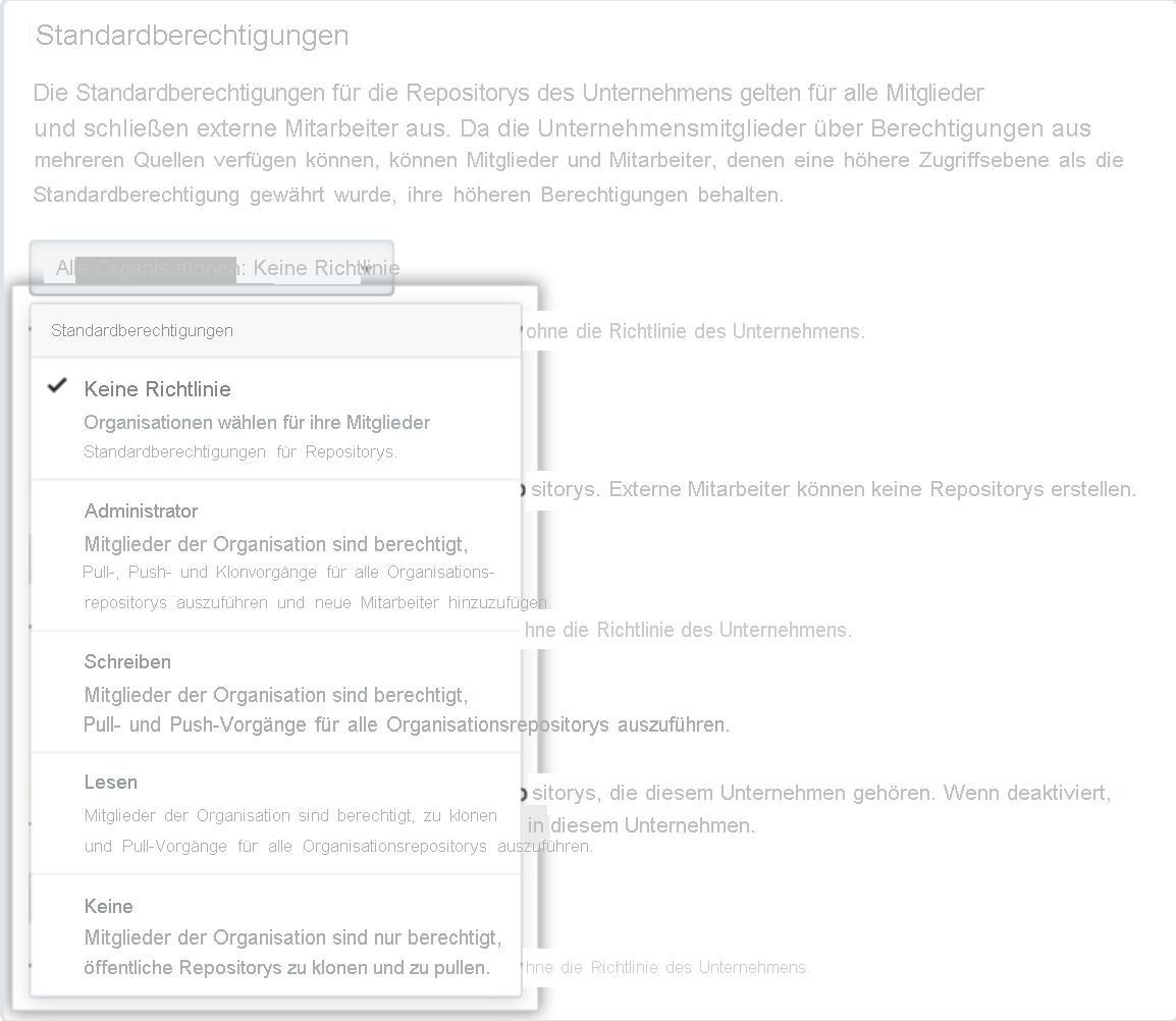 Screenshot des Richtlinienbildschirms mit der angezeigten Dropdown-Liste der Standardberechtigungen.