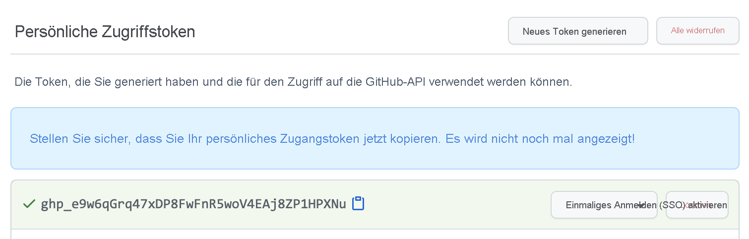 Screenshot: Bildschirm „Persönliches Zugriffstoken“.