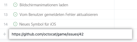 Screenshot: Projekt in der Listenansicht mit einem Beispiel für eine URL eines Issues, das in das Projekt eingefügt wurde