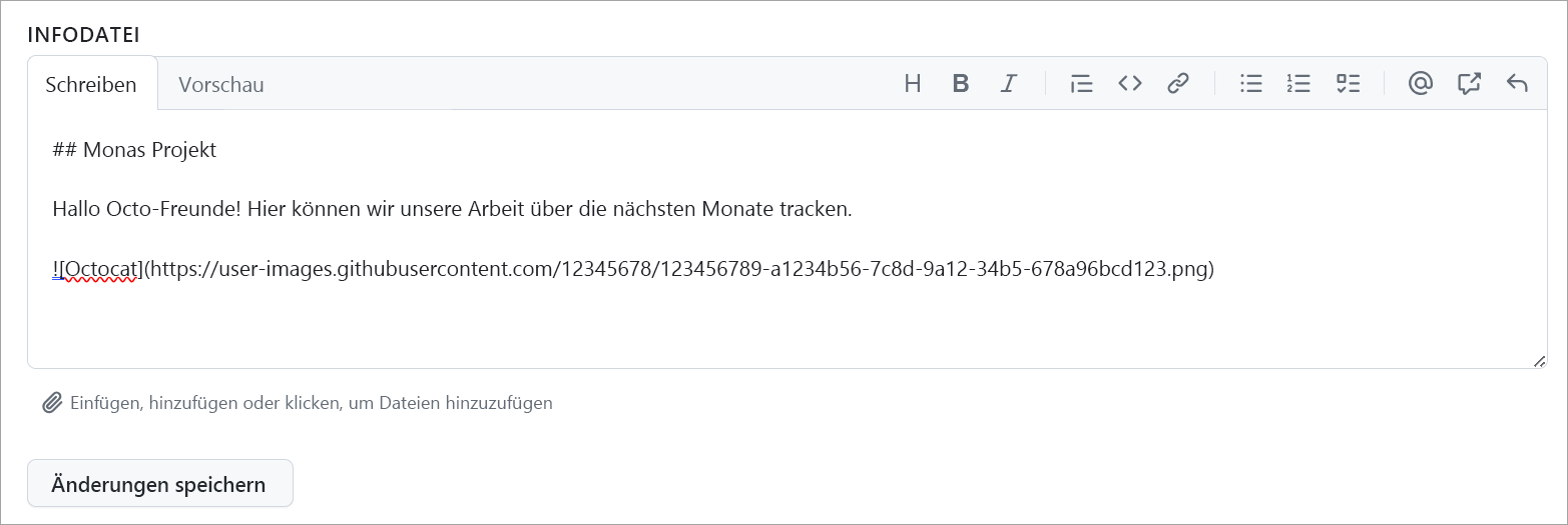 Screenshot: Infodatei eines Projekts, in der Beispieltext hervorgehoben ist, der das Projekt des Benutzers beschreibt.