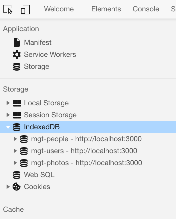 Screenshot des Abschnitts „IndexedDB“ mit hervorgehobenen Daten in den Entwicklertools des Browsers.