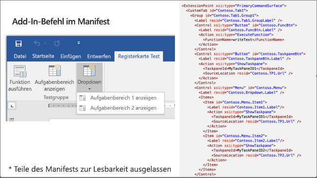 Screenshot einer Office-Anwendung neben einem Add-In-Manifestauszug