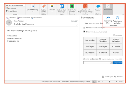 Screenshot von Outlook mit einem Beispiel-Add-In-Menü und Schaltflächen.