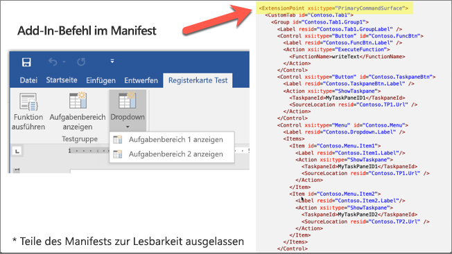 Screenshot einer Office-Anwendung neben einem Add-In-Manifestauszug mit hervorgehobenem Erweiterungspunkt