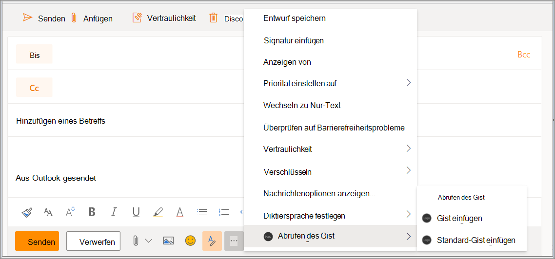 Screenshot des Formulars zum Verfassen von Nachrichten in Outlook im Web mit hervorgehobener Add-In-Schaltfläche und hervorgehobenem Popupmenü.