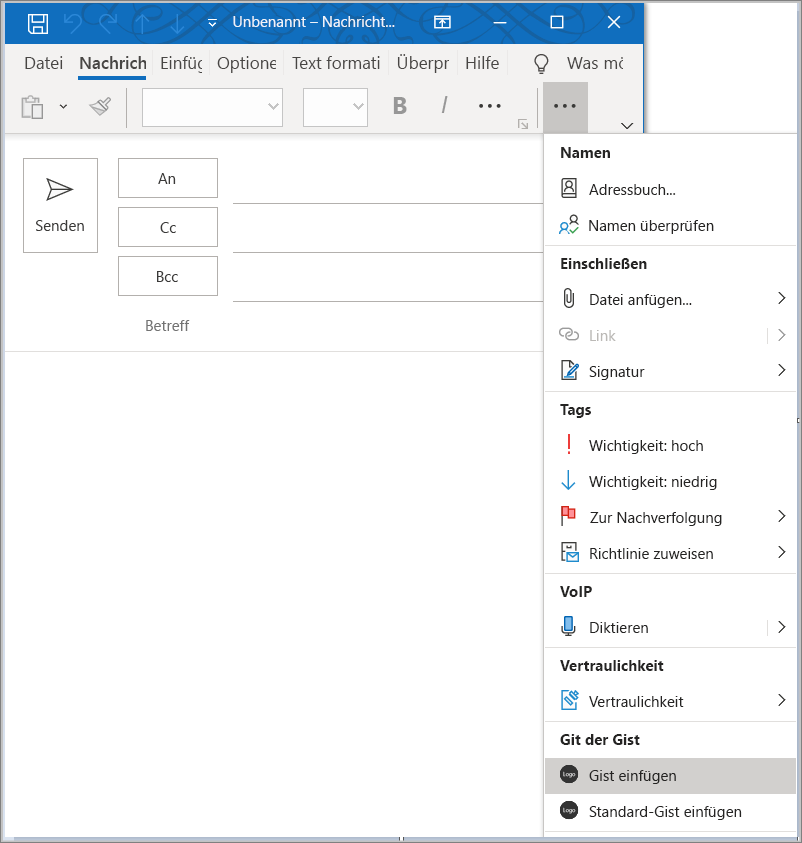 Screenshot von Outlook unter Windows mit hervorgehobenen Add-In-Schaltflächen im Menübandüberlaufmenü.