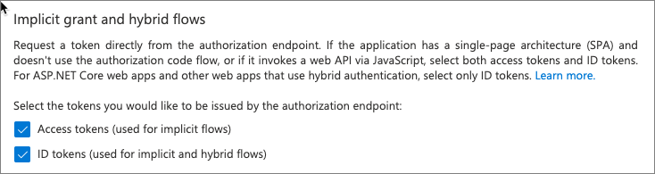 Screenshot der Auswahl impliziter Genehmigungen und Hybridflows