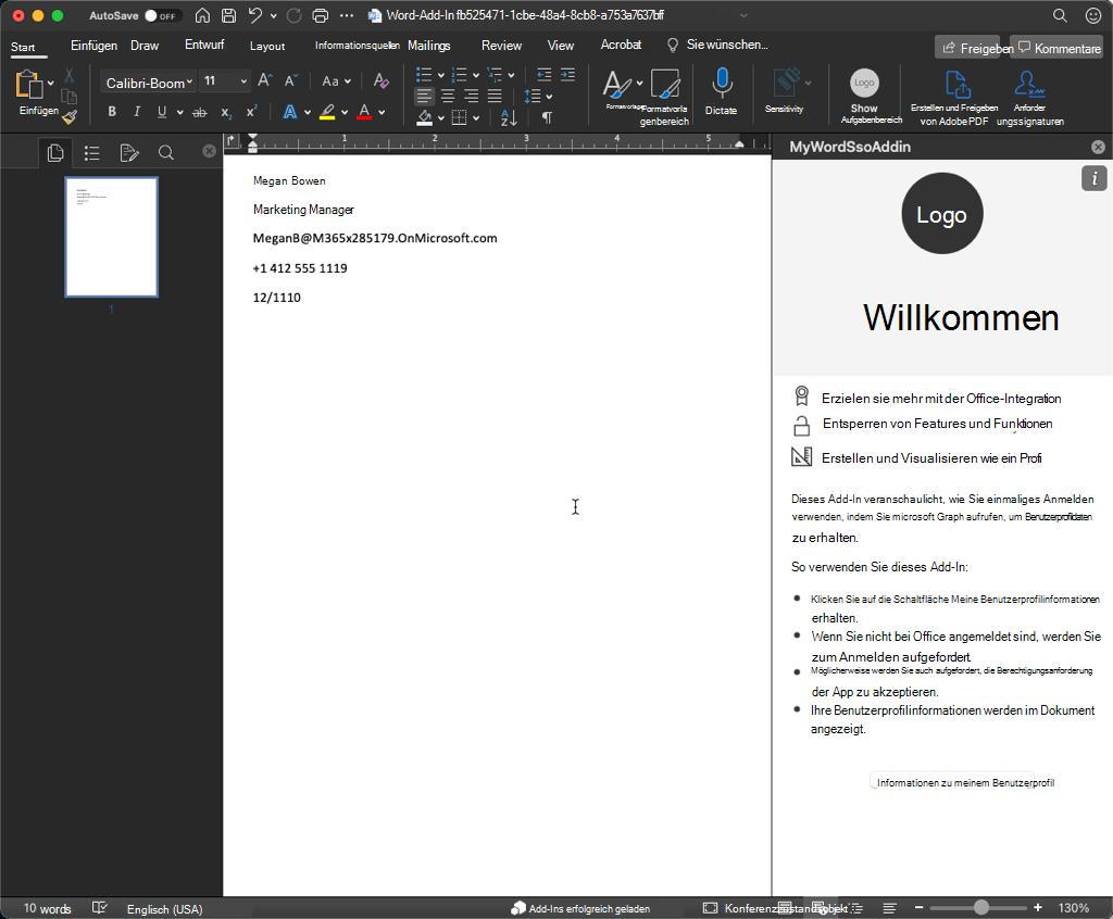 Screenshot des erfolgreichen Tests in Word