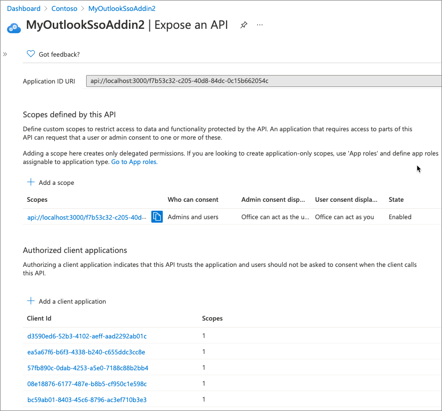 Screenshot der ID und autorisierten Clients, die auf die API des Add-Ins zugreifen können.