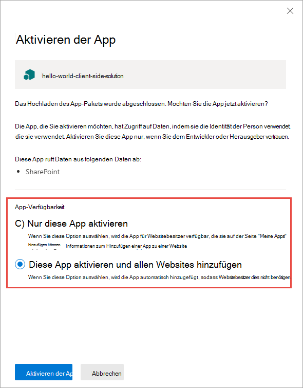 Screenshot des modernen Vertrauens-Dialogfeldes.