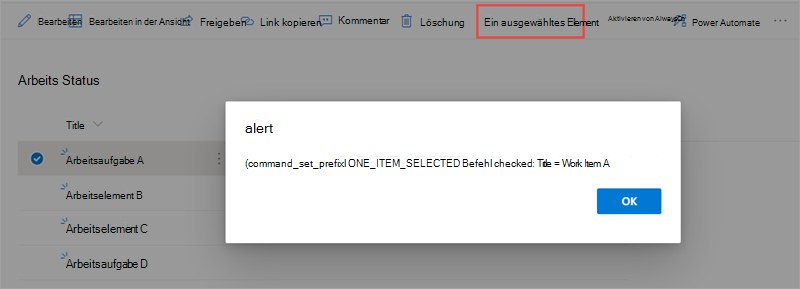 Screenshot der Befehlssatz-Schaltfläche One Item Selected.