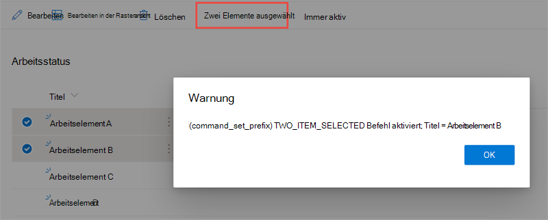 Screenshot des Befehlssatzes „Zwei Elemente ausgewählt“-Schaltfläche.