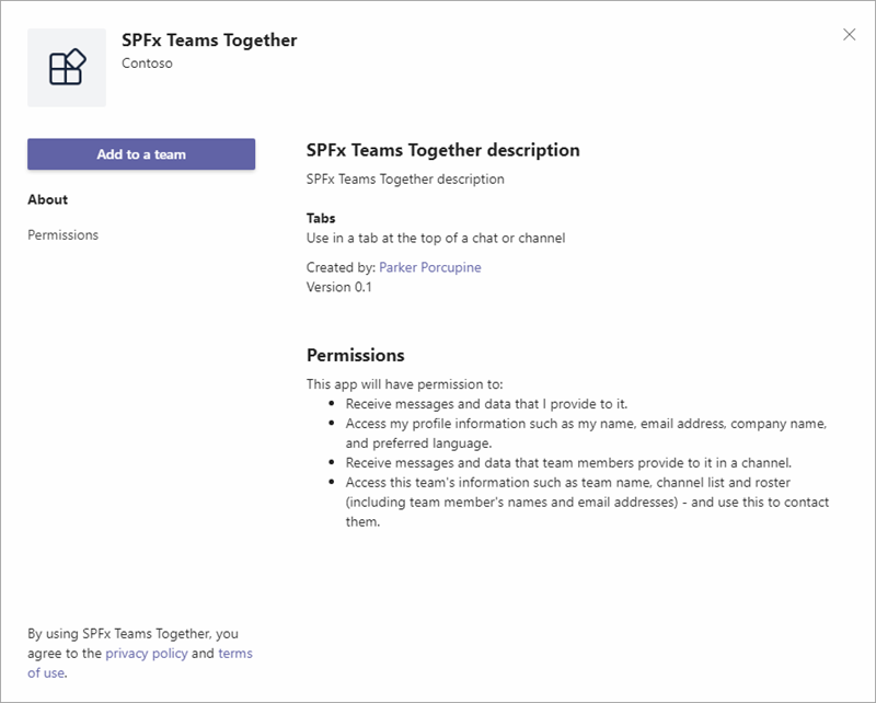 Screenshot der Installation der App „SPFx Teams Together“.