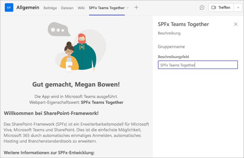 Screenshot der App „SPFx Teams Together“ in Verwendung.