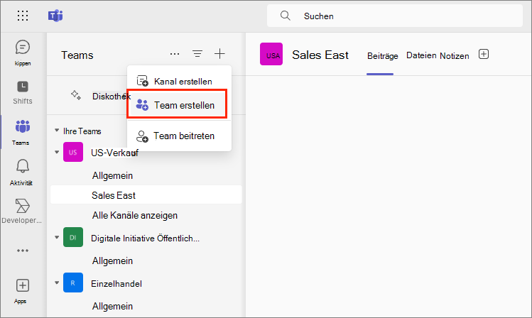 Screenshot des Dialogfelds „Teams erstellen“.