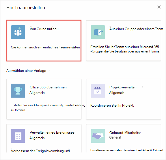 Screenshot des Dialogfelds „Teams erstellen“ – Optionen des Dialogfelds „Team erstellen“.