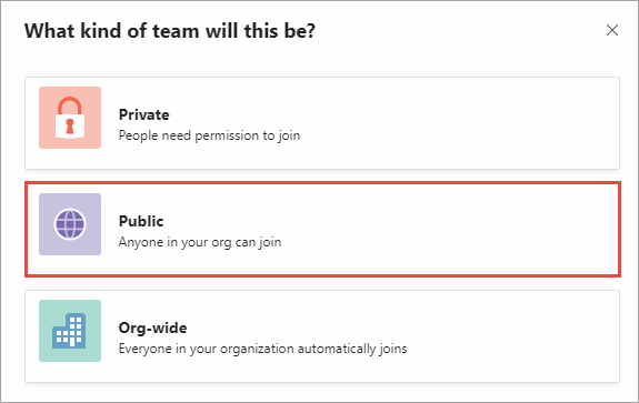 Screenshot des Dialogfelds „Teams erstellen“ – Datenschutzoptionen für „Teams erstellen“.