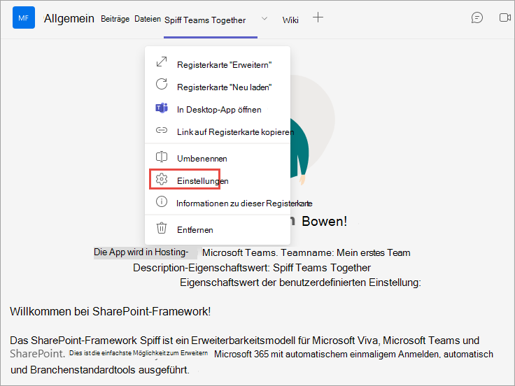 Screenshot: SPFx-Lösung in Microsoft Teams – Kontextmenüelement „Einstellungen“